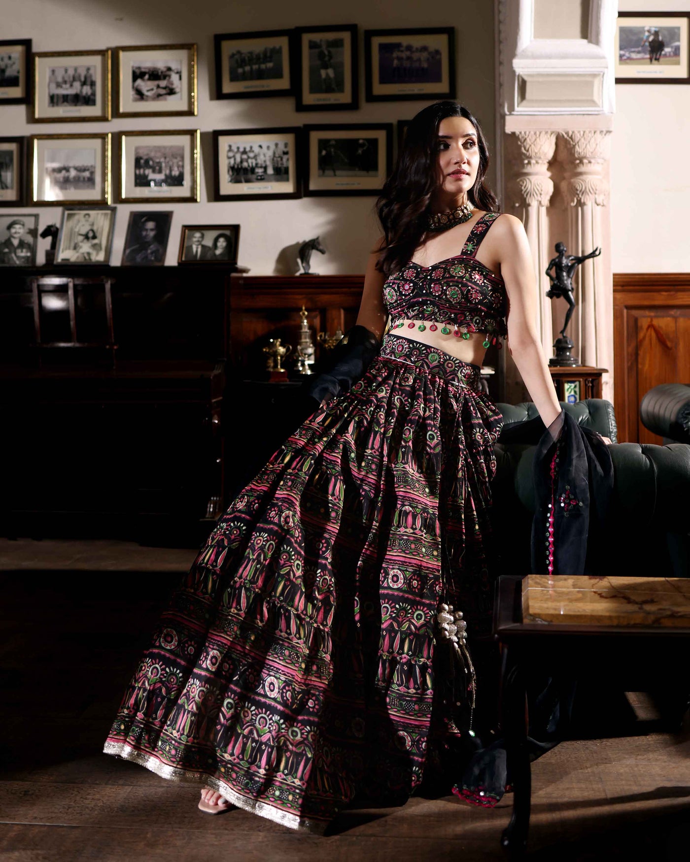 Mighty Black Mirror Work Printed Chanderi Lehenga Set