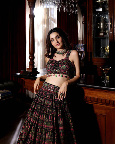 Mighty Black Mirror Work Printed Chanderi Lehenga Set