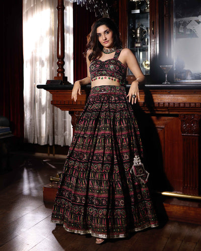 Mighty Black Mirror Work Printed Chanderi Lehenga Set