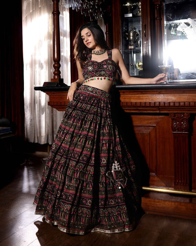 Mighty Black Mirror Work Printed Chanderi Lehenga Set