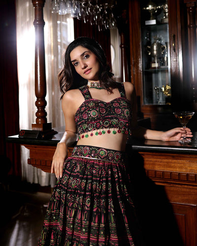 Mighty Black Mirror Work Printed Chanderi Lehenga Set