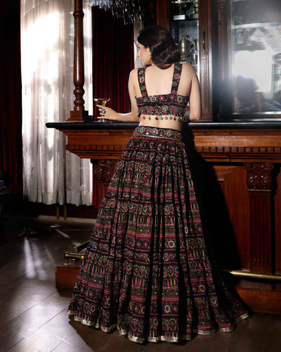 Mighty Black Mirror Work Printed Chanderi Lehenga Set