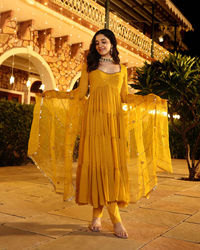 Shimmering Mustard Sequin Georgette Suit Set