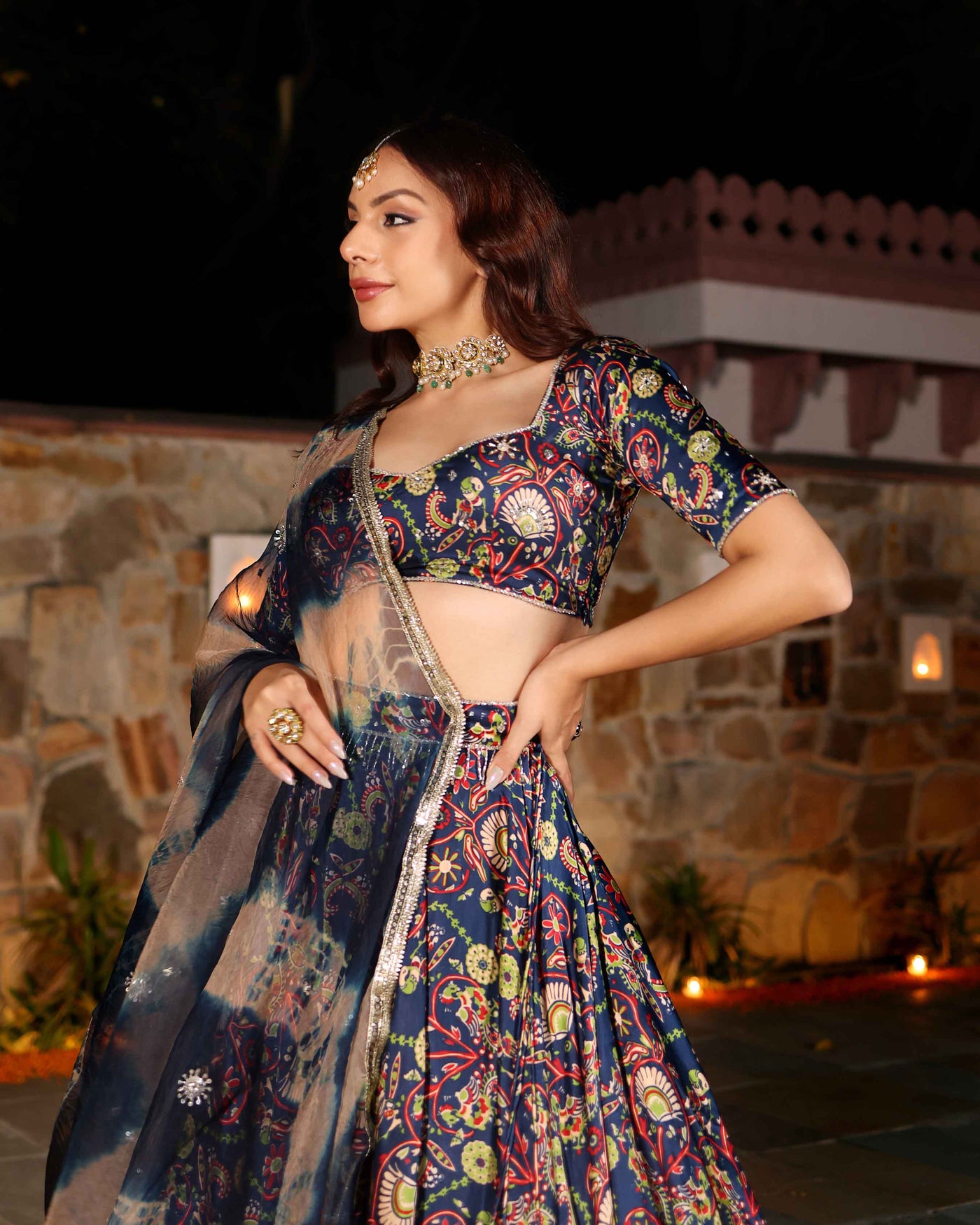 Laaya Blue Printed Hand Embroidered Satin Lehenga Set