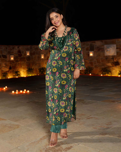 Mahsa Green Printed Silk Kurta Set