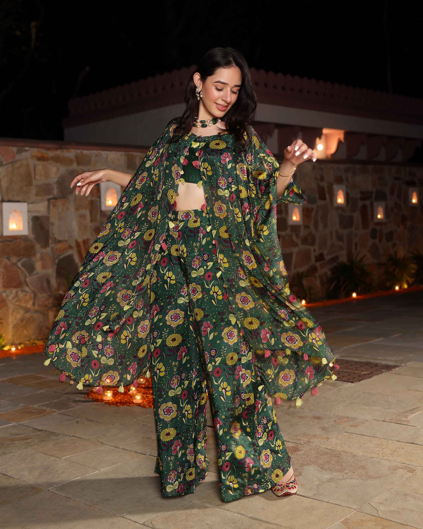 Jasvi Green Printed Silk Coord Set