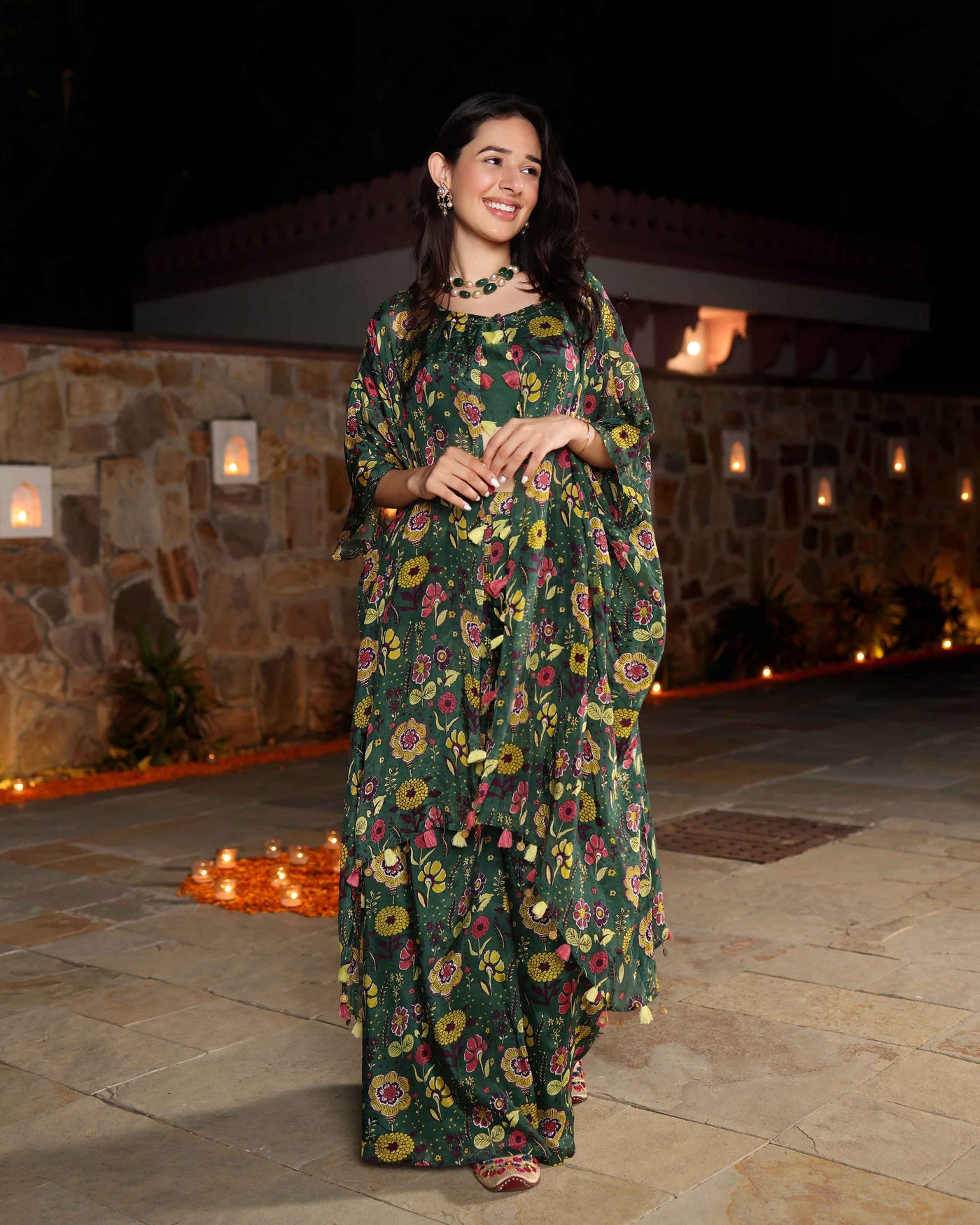 Jasvi Green Printed Silk Coord Set