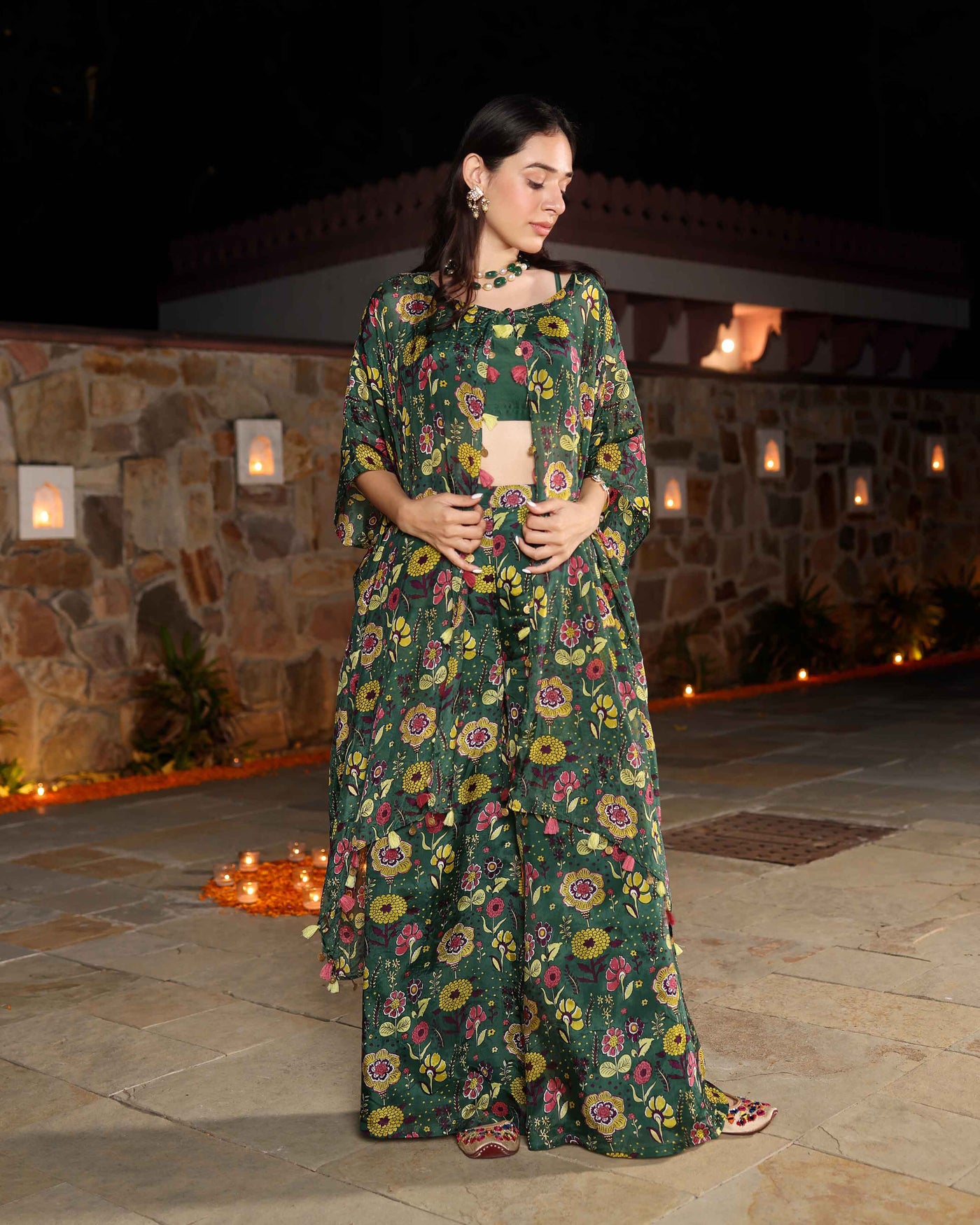 Jasvi Green Printed Silk Coord Set