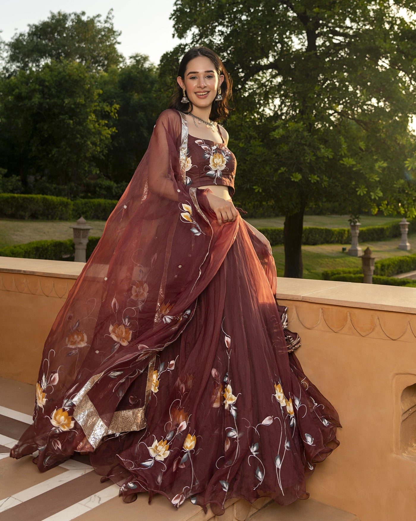 Mifra Handpainted Organza Lehenga Set