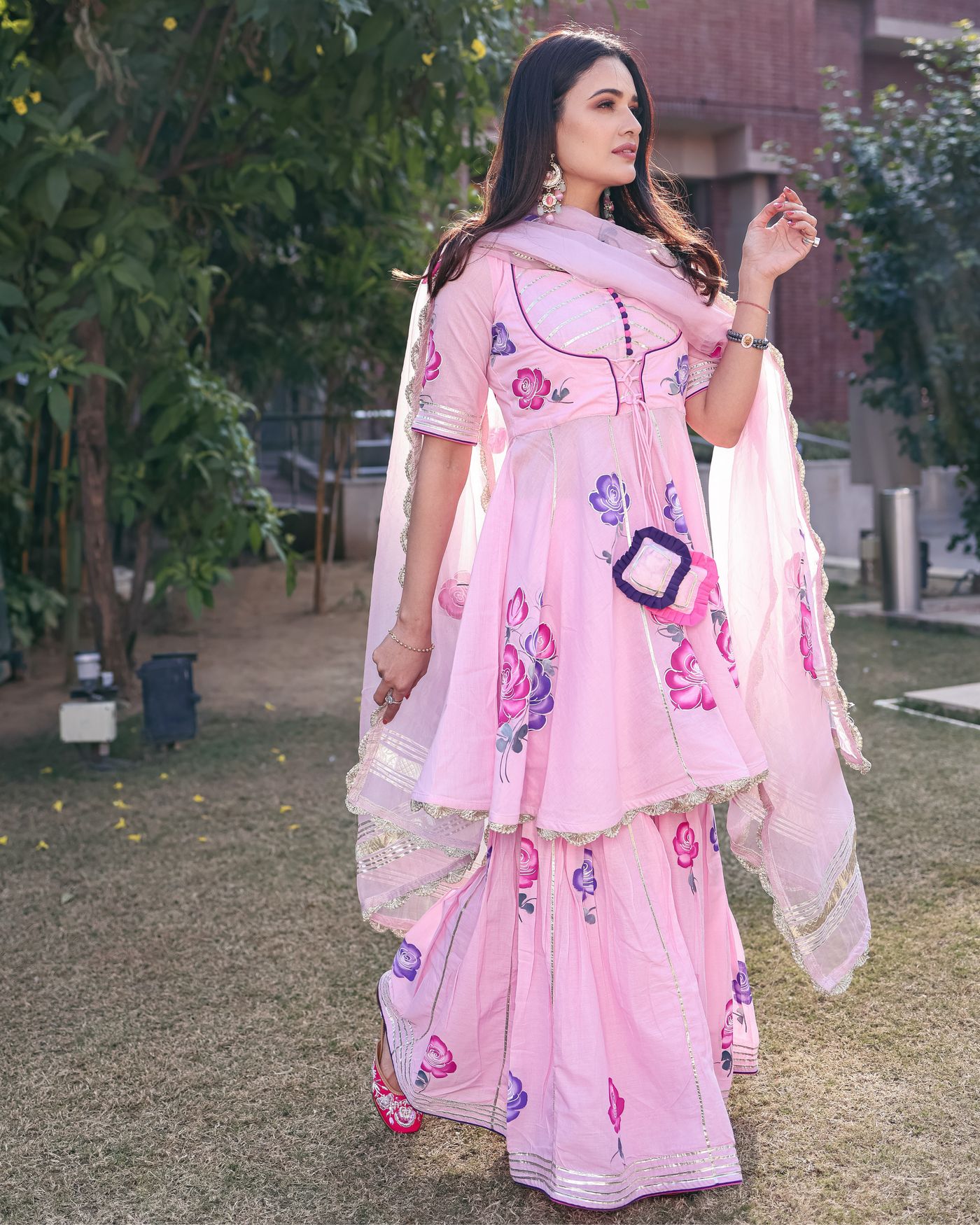 Pink Twist Handpainted Sharara Set