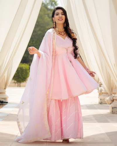 Pink Rhythm Gota Sharara Set With Gota Potli