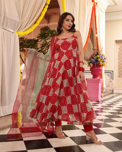 Cherry Red Delight Printed Silk Suit Set
