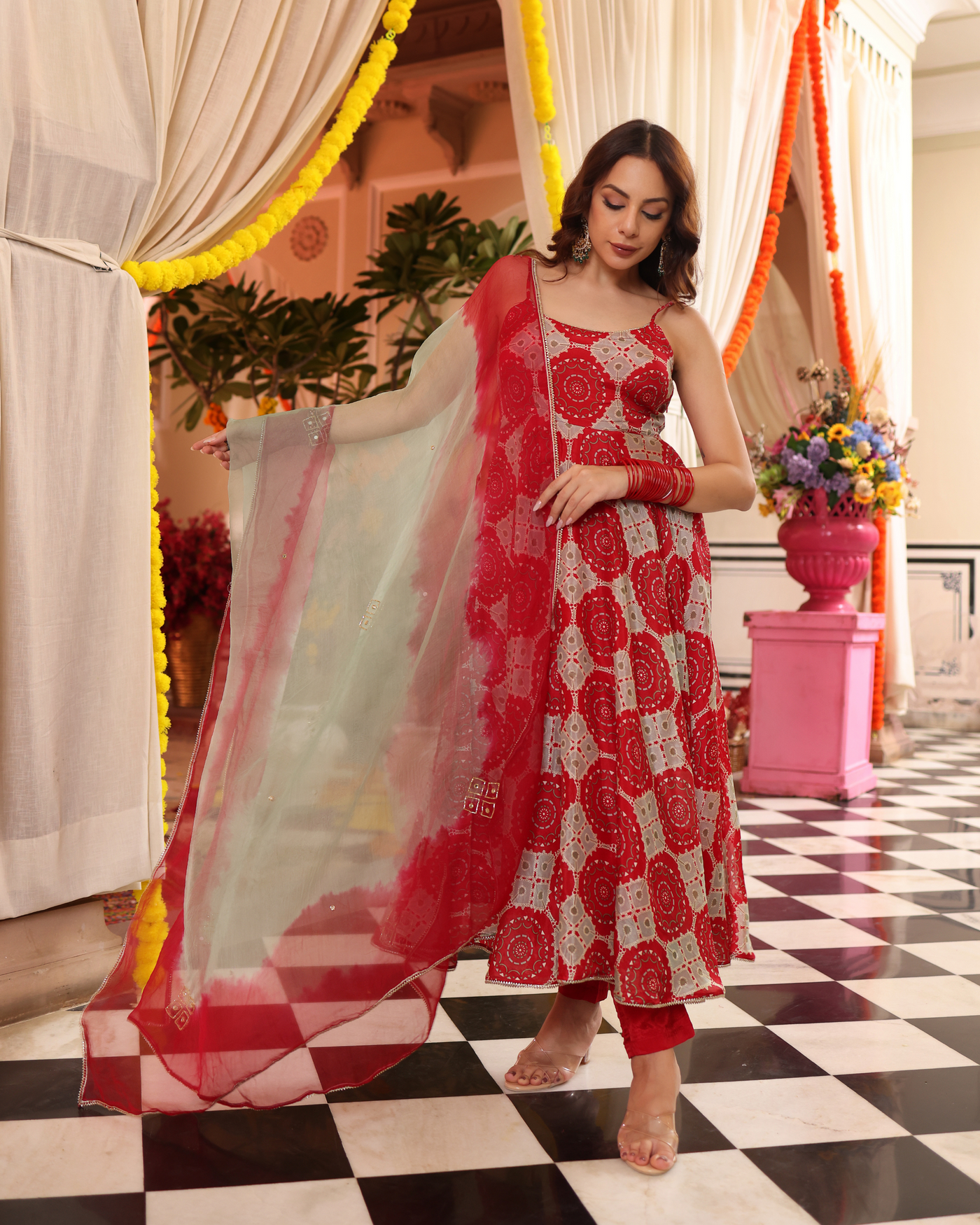 Cherry Red Delight Printed Silk Suit Set