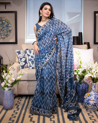 Nura Blue Handblock Chanderi Silk Saree