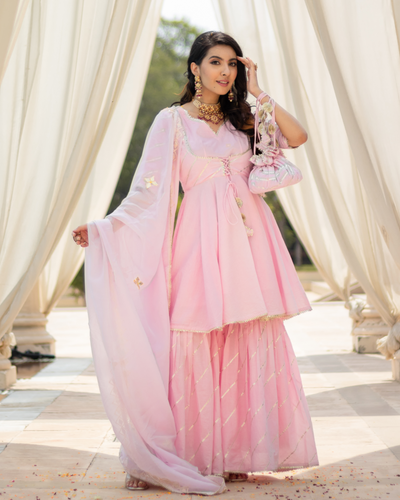 Pink Rhythm Gota Sharara Set With Gota Potli