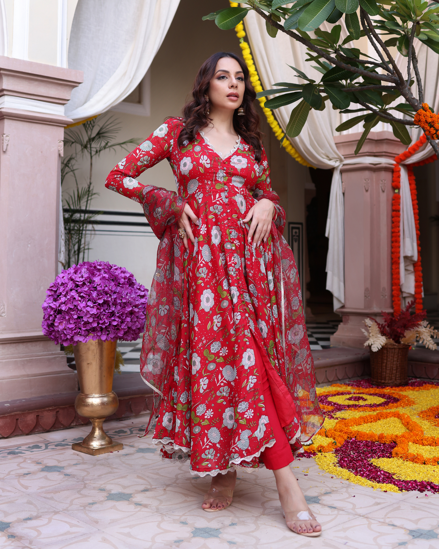 Red Dahlia Dreamscape Printed Chinon Suit Set