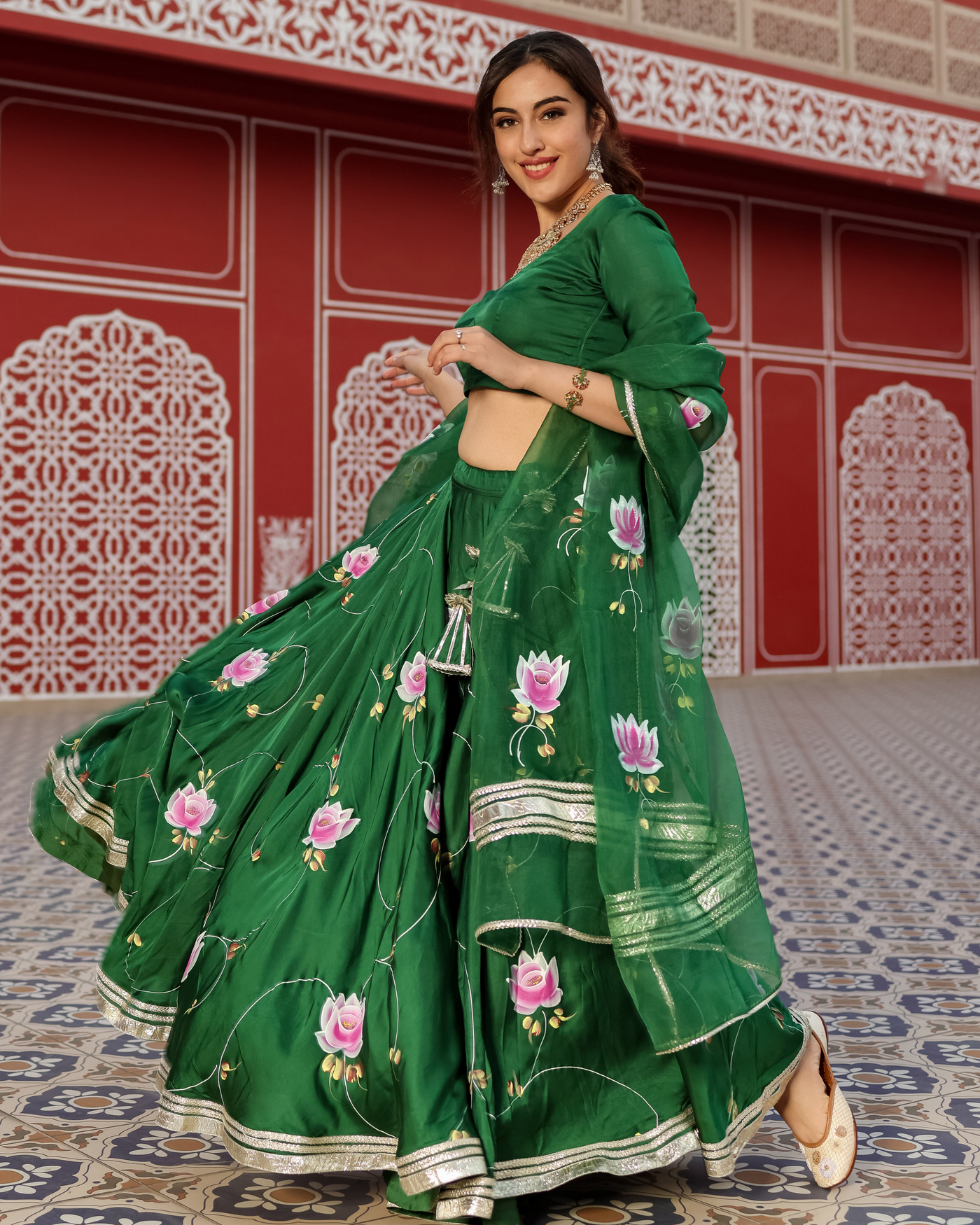 Formal Green Handpainted Lehenga Set