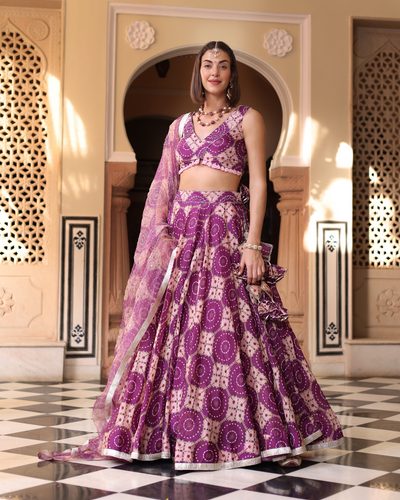 Lavender Printed Satin Lehenga Set