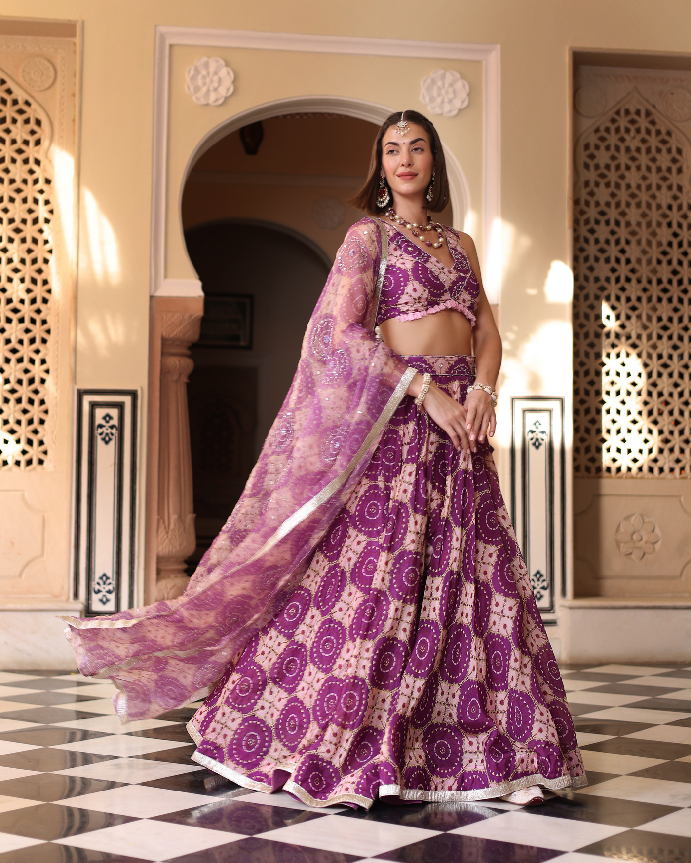 Lavender Printed Satin Lehenga Set