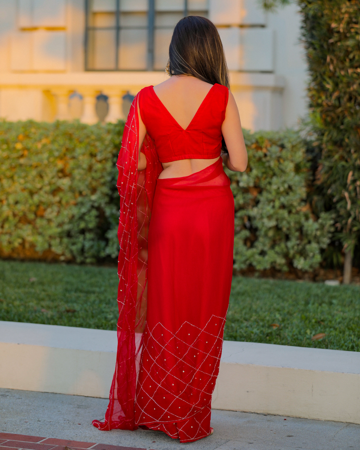 Buy Urban Red Pure Chiffon Saree online in India at Best Price Aachho Aachho