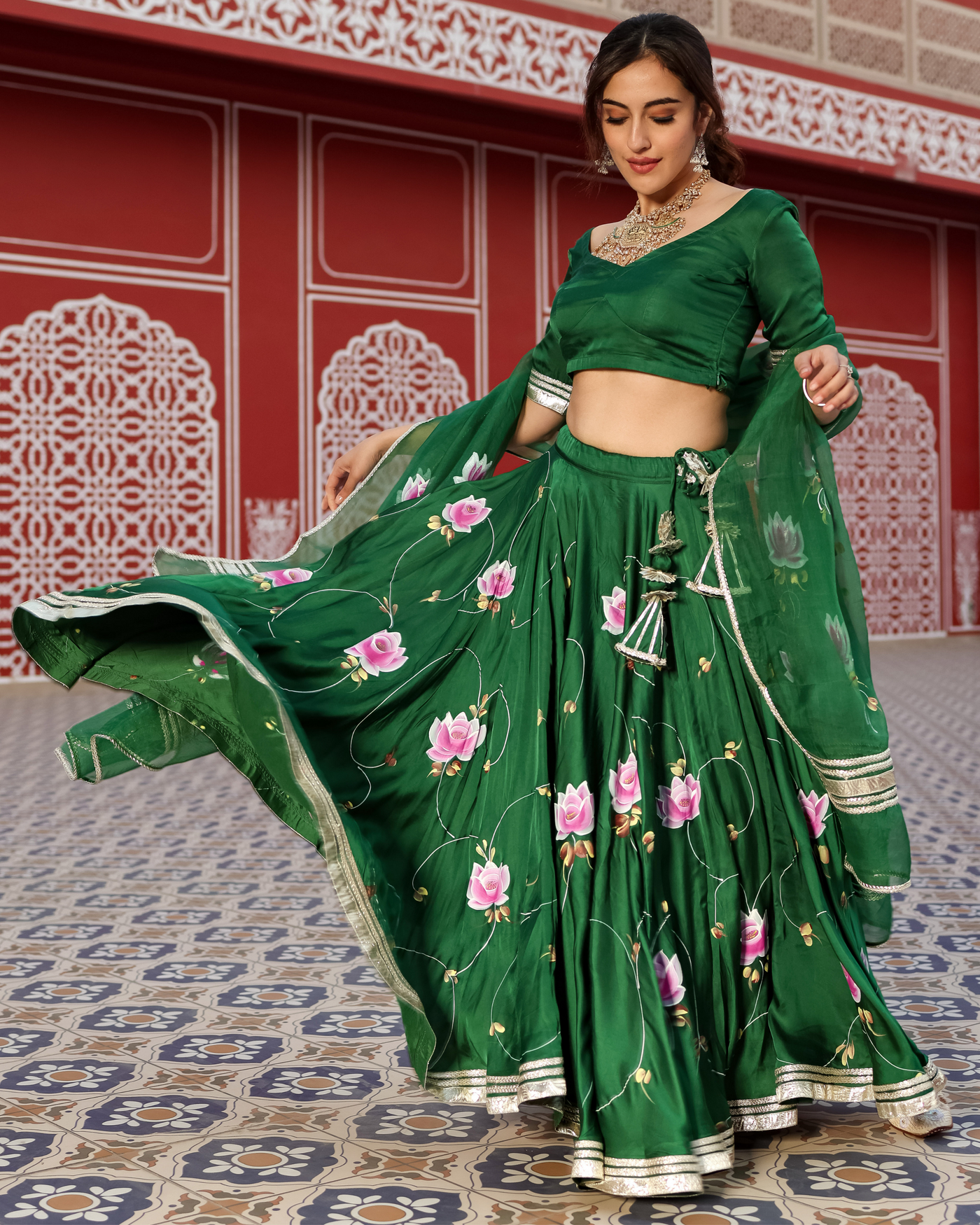 Formal Green Handpainted Lehenga Set