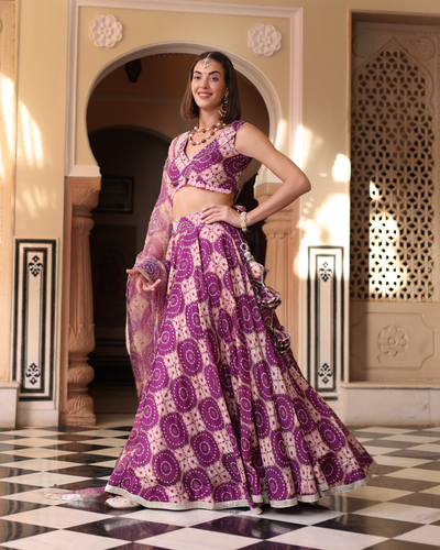 Lavender Printed Satin Lehenga Set