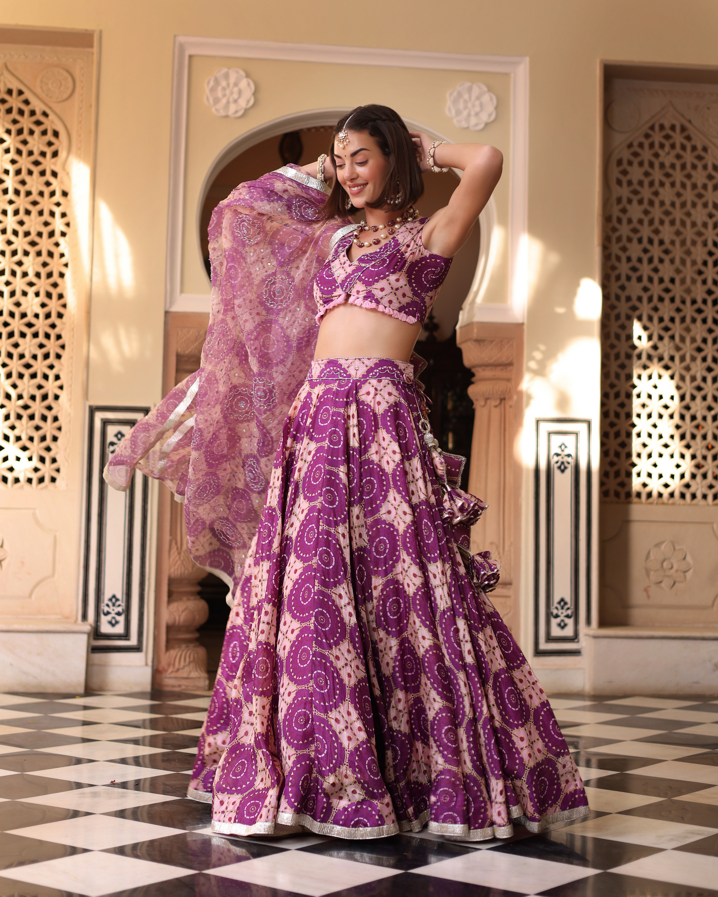 Lavender Printed Satin Lehenga Set