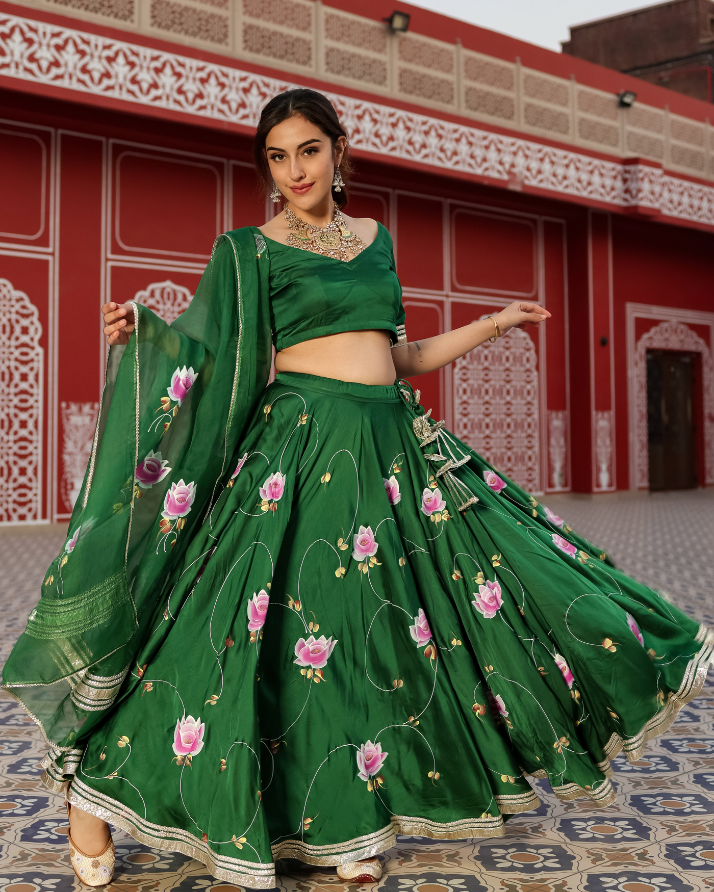 Formal Green Handpainted Lehenga Set