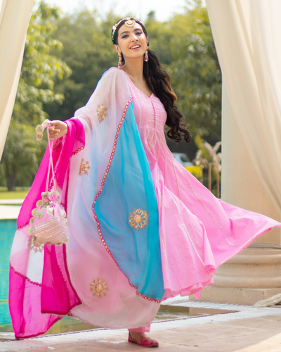 Strawberry Pink Gota Kalidar Anarkali Suit With Gota Potli