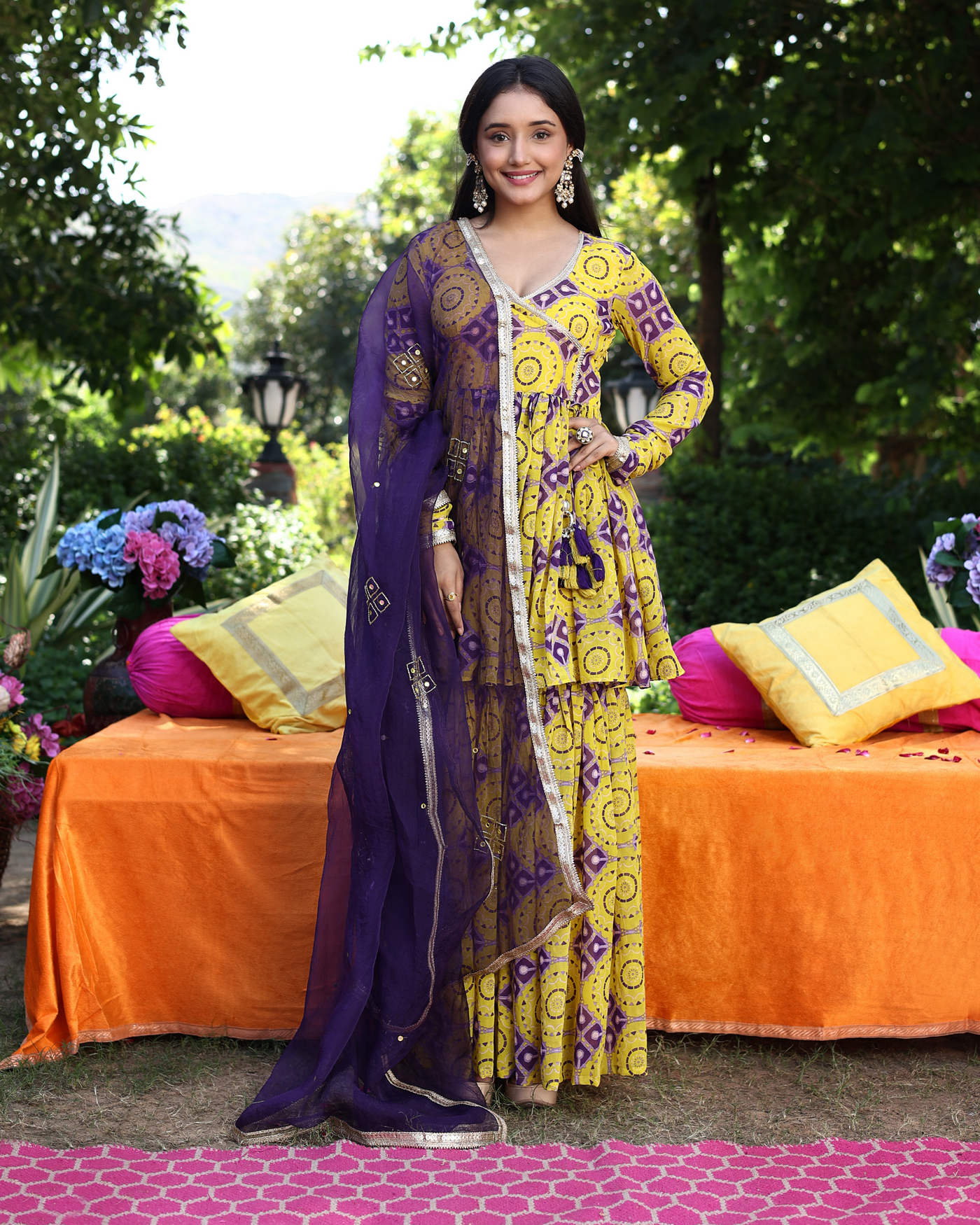 Whirling Shapes Yellow Purple Printed Georgette Sharara Set