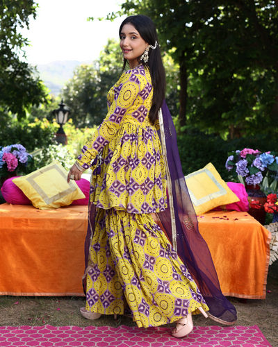 Whirling Shapes Yellow Purple Printed Georgette Sharara Set