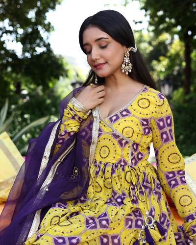 Whirling Shapes Yellow Purple Printed Georgette Sharara Set