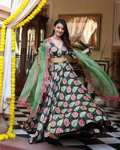 Blossom And Leaf Harmony Black Printed Satin Lehenga Set