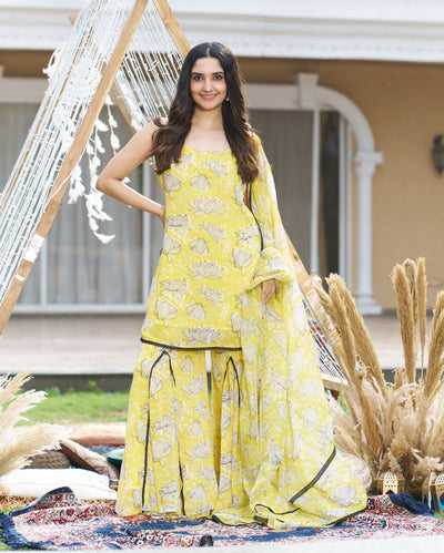Emin Yellow Printed Georgette Sharara Set