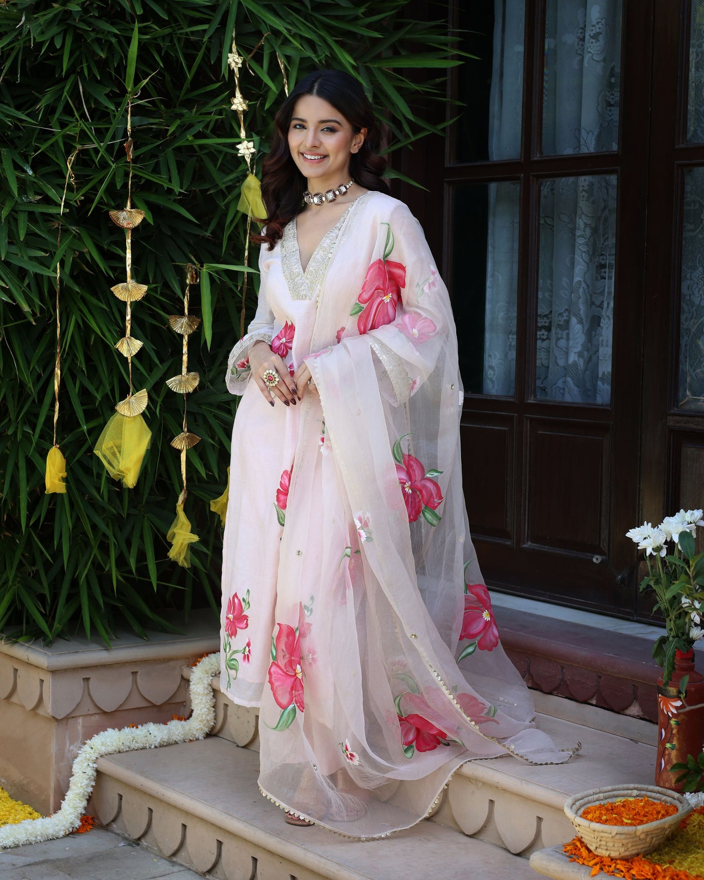 Snowflake Serene Peach Pink Handpainted Chanderi Suit Set