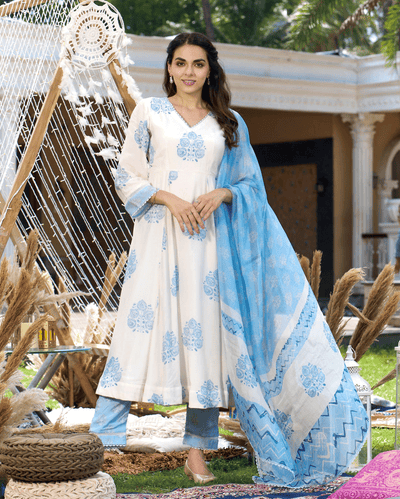 Rudra White Printed Silk Suit Set