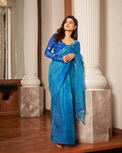 Neeru Blue Leheriya Organza Pre Draped Saree