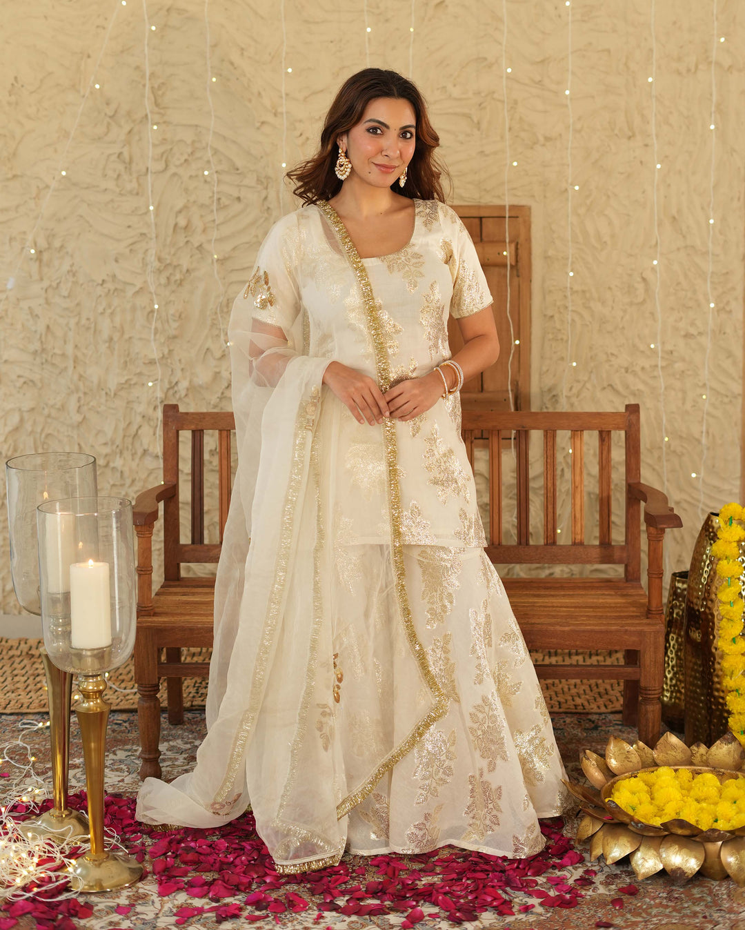 green emerald velvet dress White & Gold Sharara Set main image 1