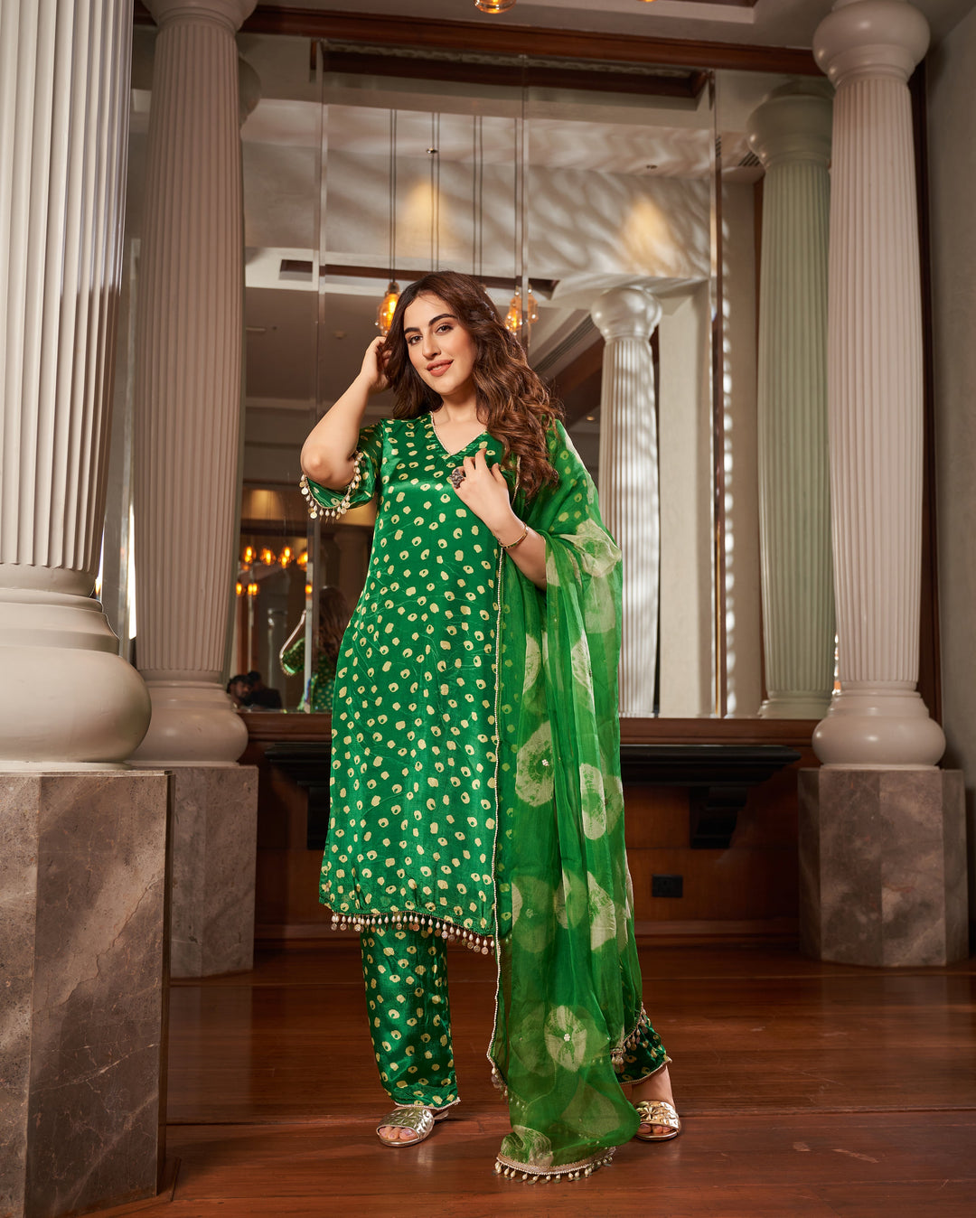 Shop Raksika Green Bandhani Silk Suit Set for Women Online at