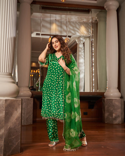 Raksika Green Bandhani Silk Suit Set