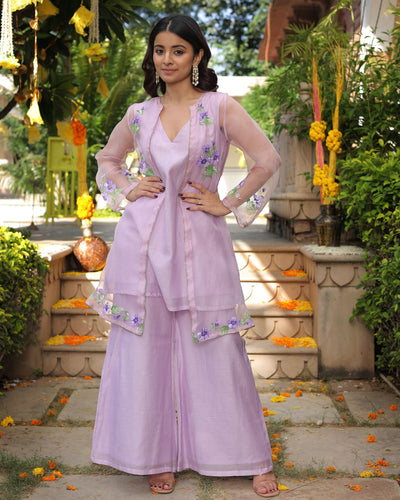 Lilac Daisy Delight Handpainted Chanderi Coord Set