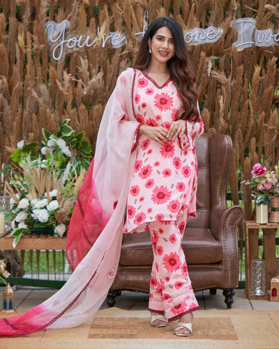 Nysa Pink Printed Silk Suit Set
