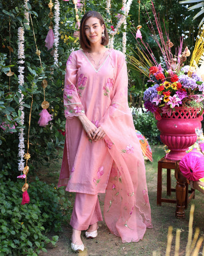 Peach Dream Handpainted Chanderi Suit Set