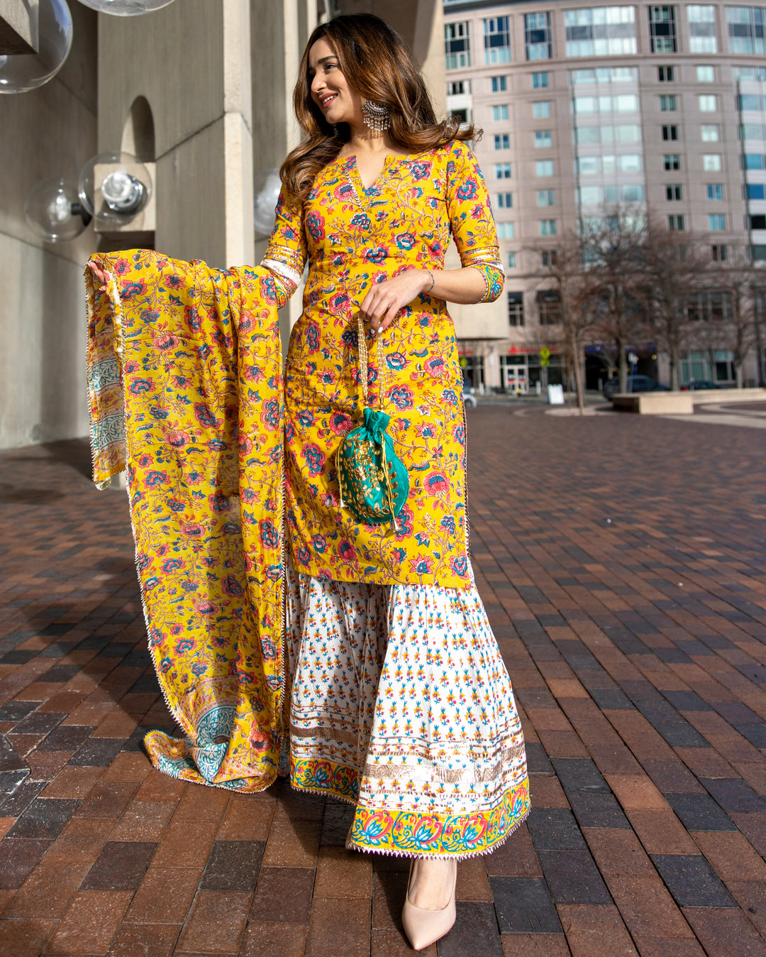 knee length dresses for ladies Perfect Lungi Draped Dress with jacket for Haldi – RK Kurtis main image 1