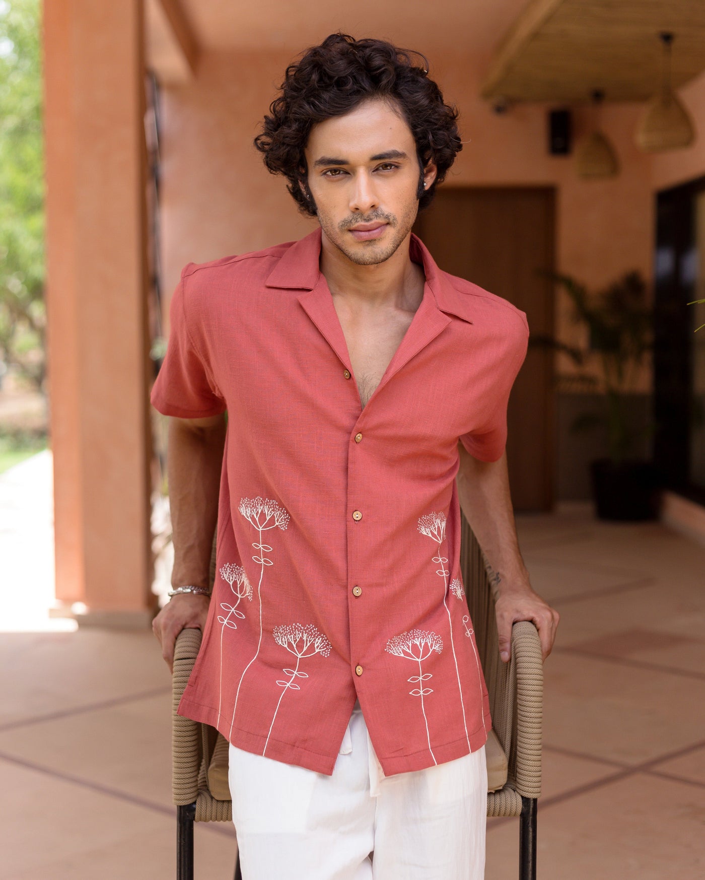 Brick Red Embroidered Slub Shirt