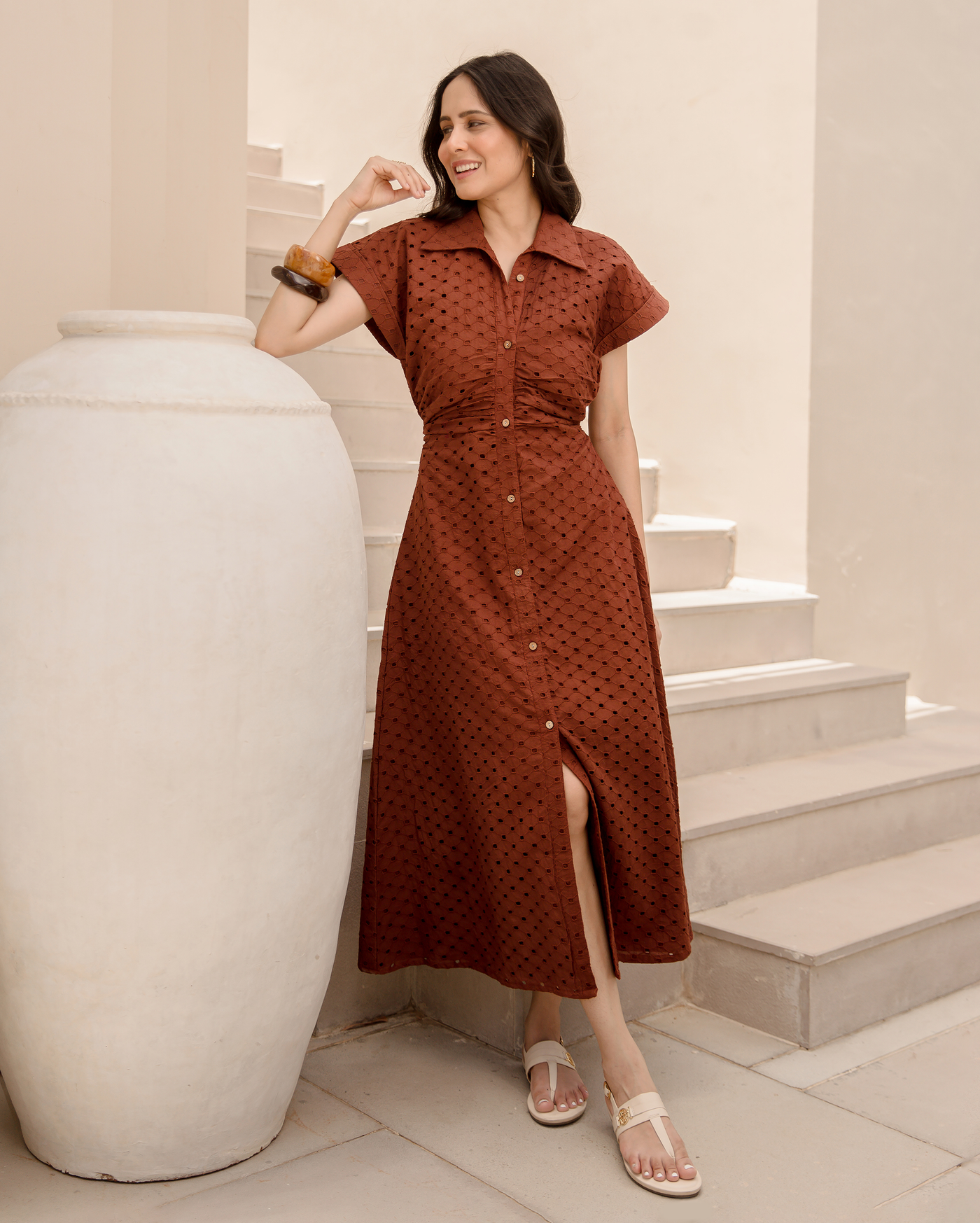 Earthy Brown Cotton Schiffli Dress Earthy Brown Cotton Schiffli Dress