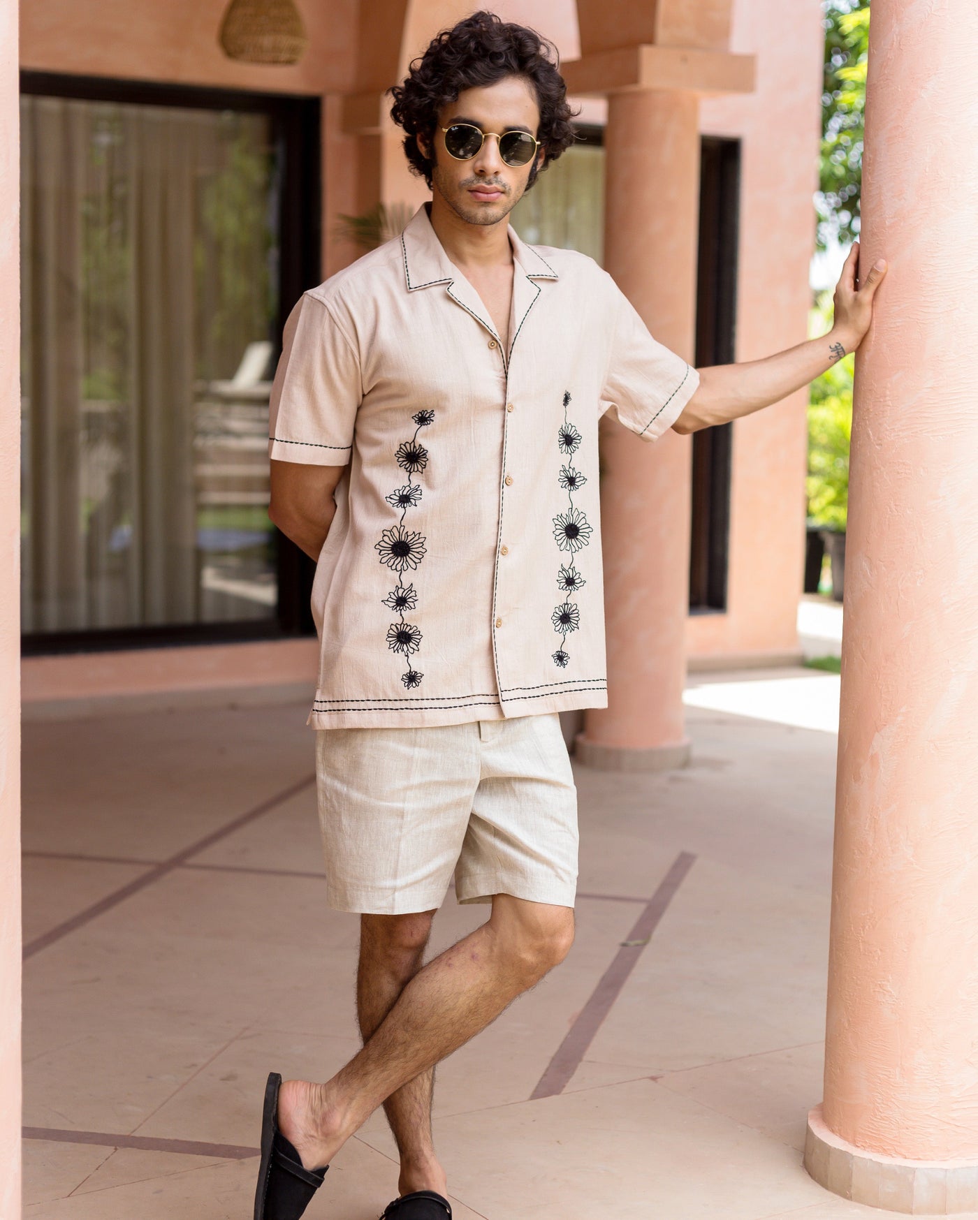 Eden Beige Embroidered SlubShirt