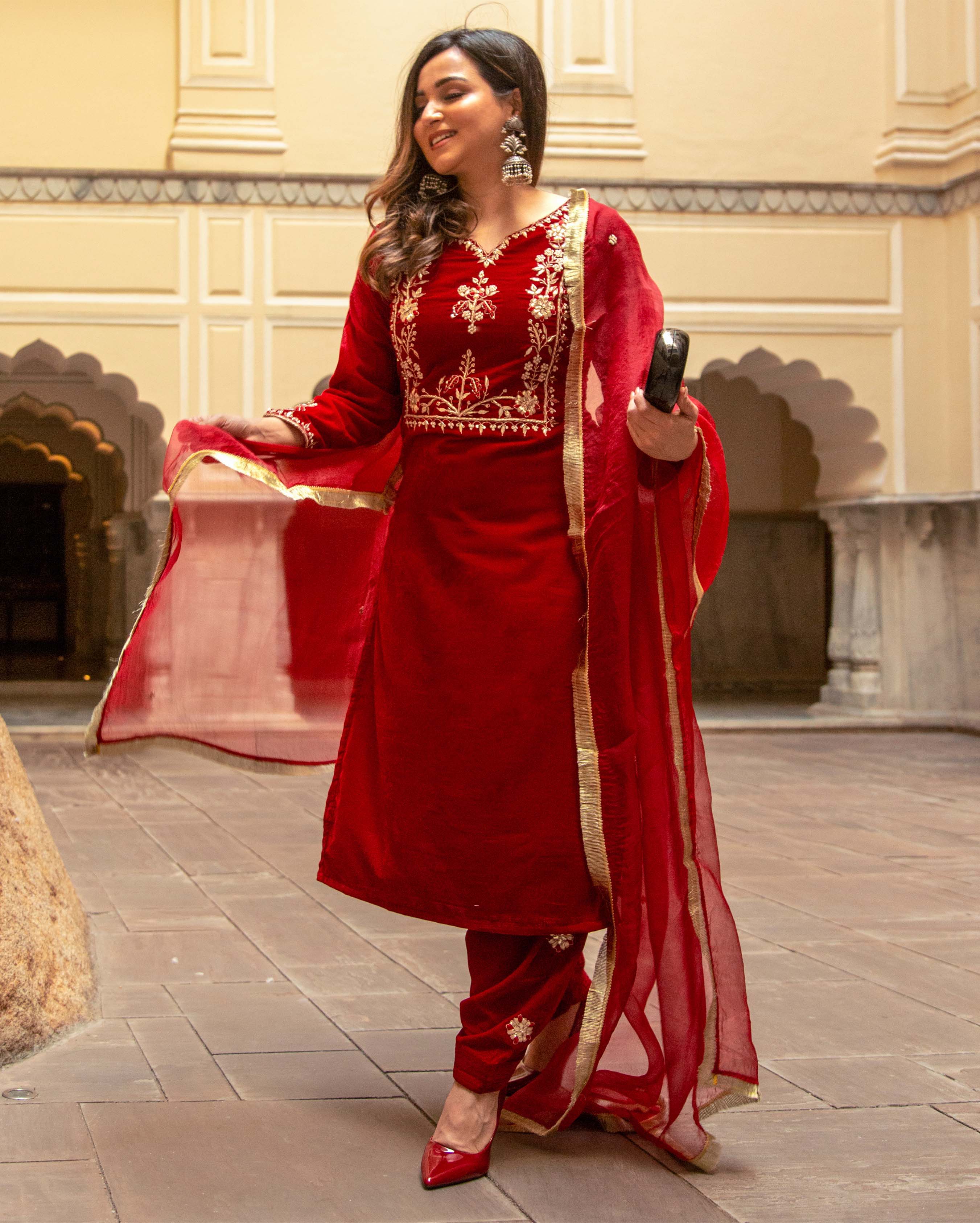 Buy Red Rythm Velvet Handcrafted Suit Set online in India at Best Price ...