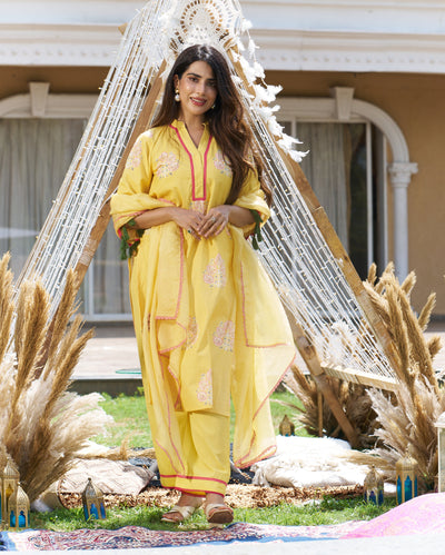Trishika Yellow Printed Cotton Suit Set