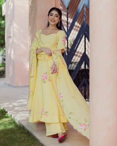 Aura Yellow Handpainted Chinon Suit Set